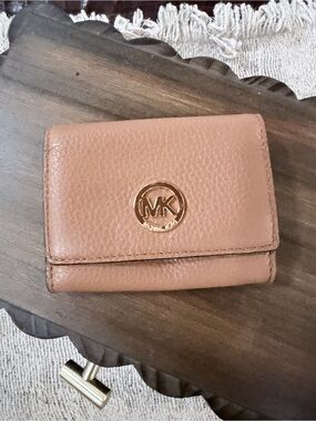 Michael Kors tan Pebbled Leather Wallet with Gold MK Emblem